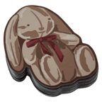 Stack of die-cut fabric stickers shaped like a sitting bunny with a red bow, illustrated in brown and tan tones