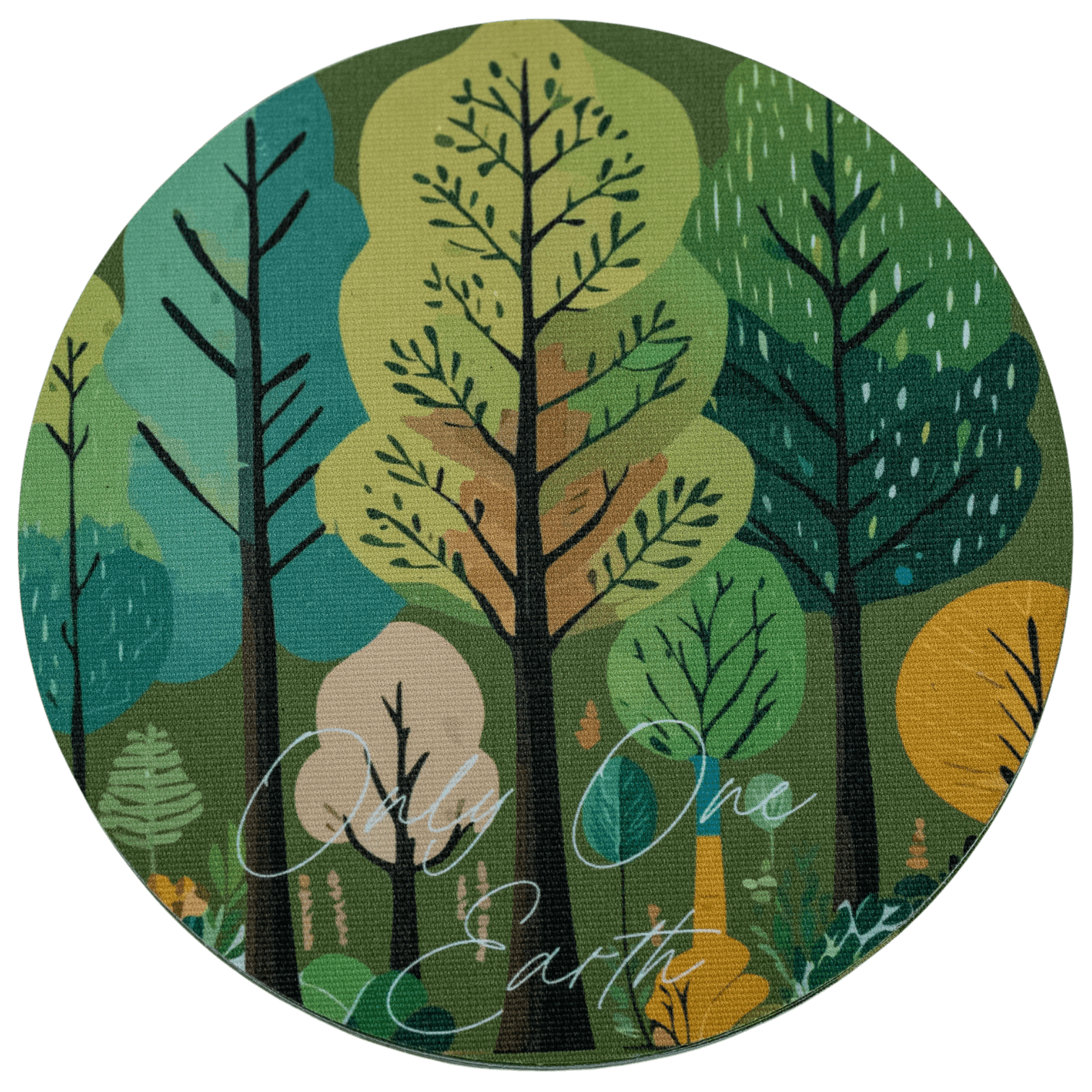 Round fabric sticker with a forest tree design and 'Only One Earth' text