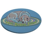 Oval fabric sticker with a sleeping dog on a blue background and 'Man's Sleepiest Friend' text