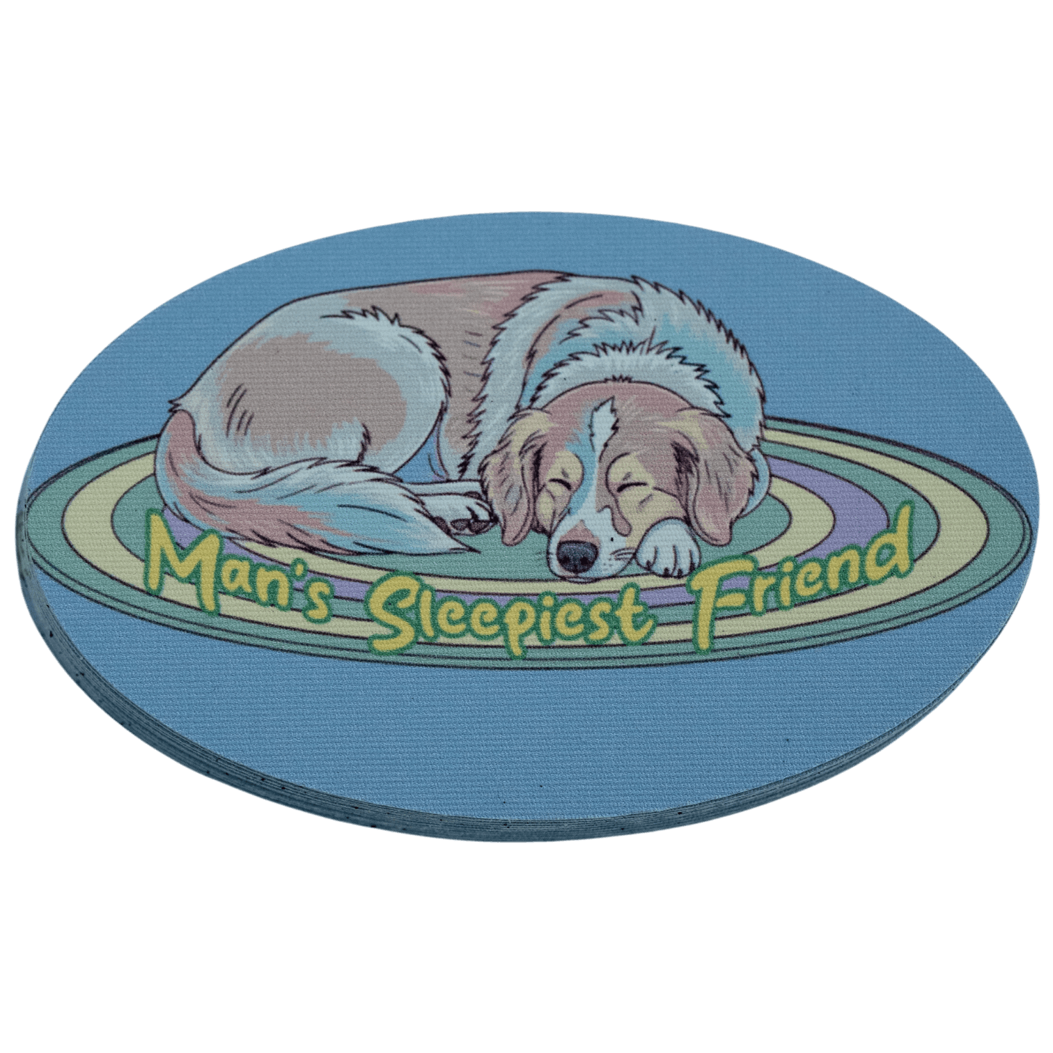 Oval fabric sticker with a sleeping dog on a blue background and 'Man's Sleepiest Friend' text