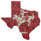 Texas-shaped fabric sticker in red with a cowboy riding a bucking bronco and 'Texas' lettering