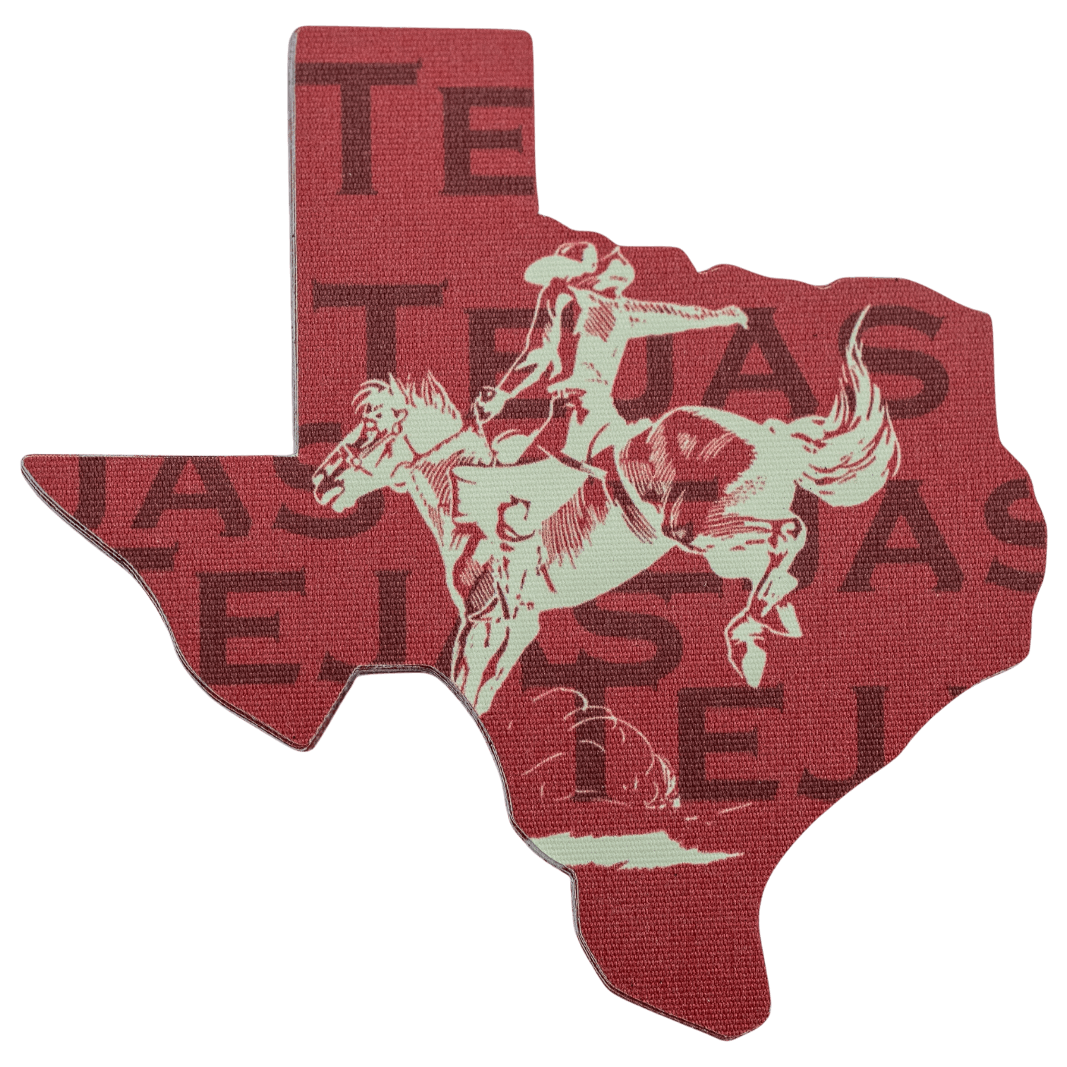 Texas-shaped fabric sticker in red with a cowboy riding a bucking bronco and 'Texas' lettering