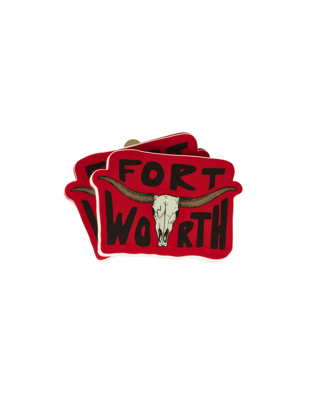 Stack of 'Fort Worth' stickers with a bull skull design on a red background